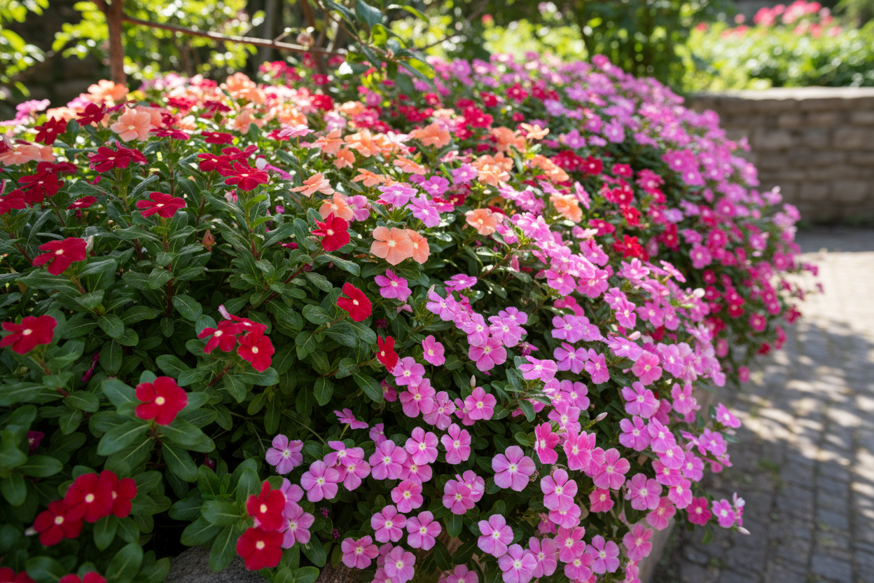 a mix of vinca Cora from red, apricot, pink, strawberry cascade