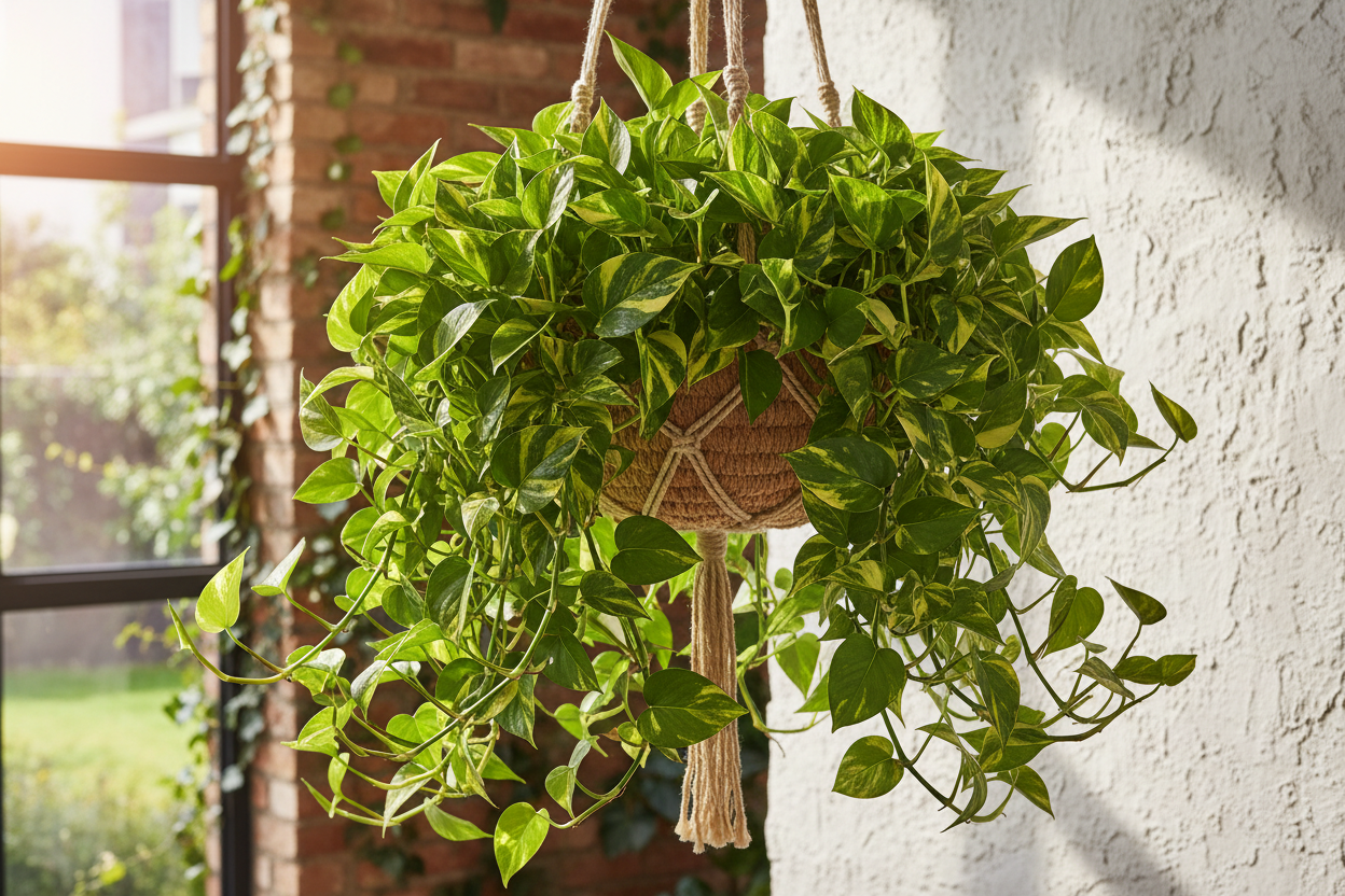 give a image of a golden pothos in a hanging basket 