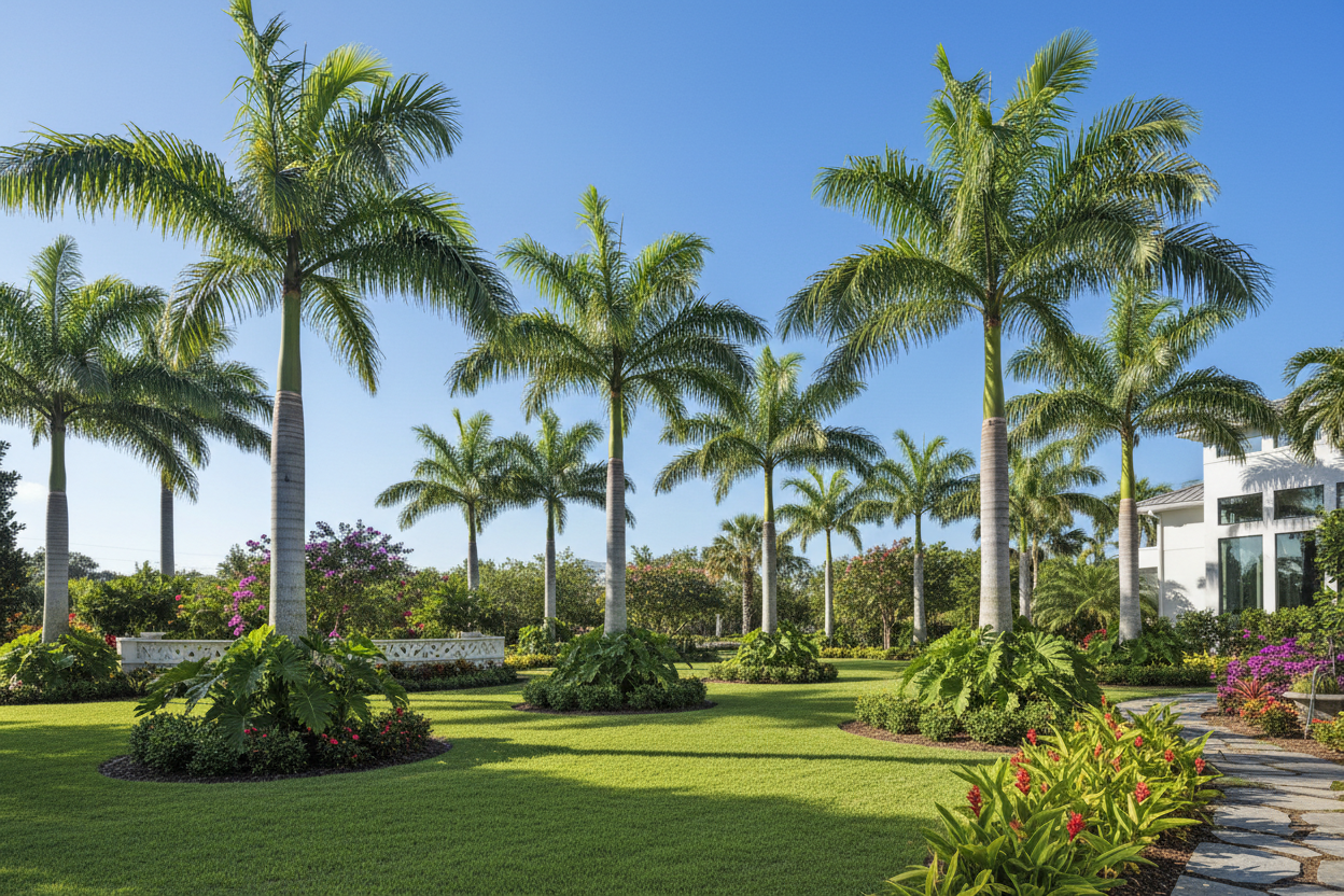 give me a picture of some royal palms in a Landcaping setting for visual look for customer 