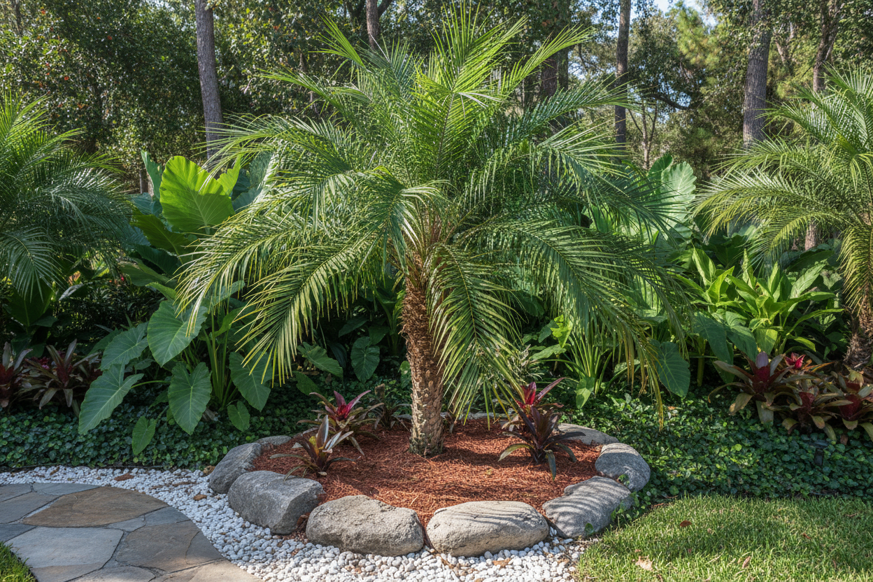 give me a Robellini Palm in a landscaping setting 
