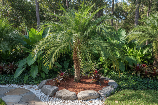 give me a Robellini Palm in a landscaping setting 