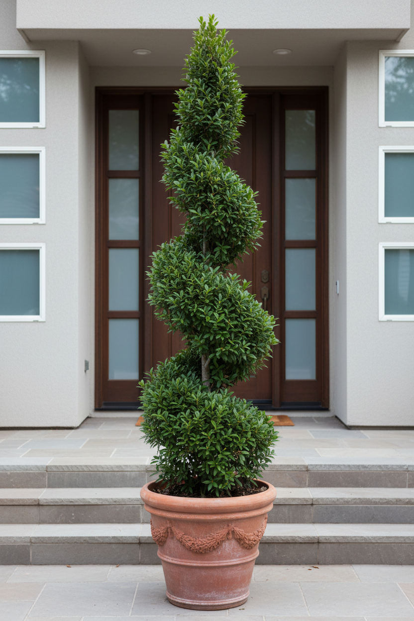 give me an image of a Japanese Blueberry Spiral in front entrance way or in a pot 