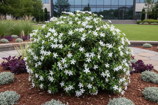 give me an image of a pinwheel jasmine bush in a landscaping setting 