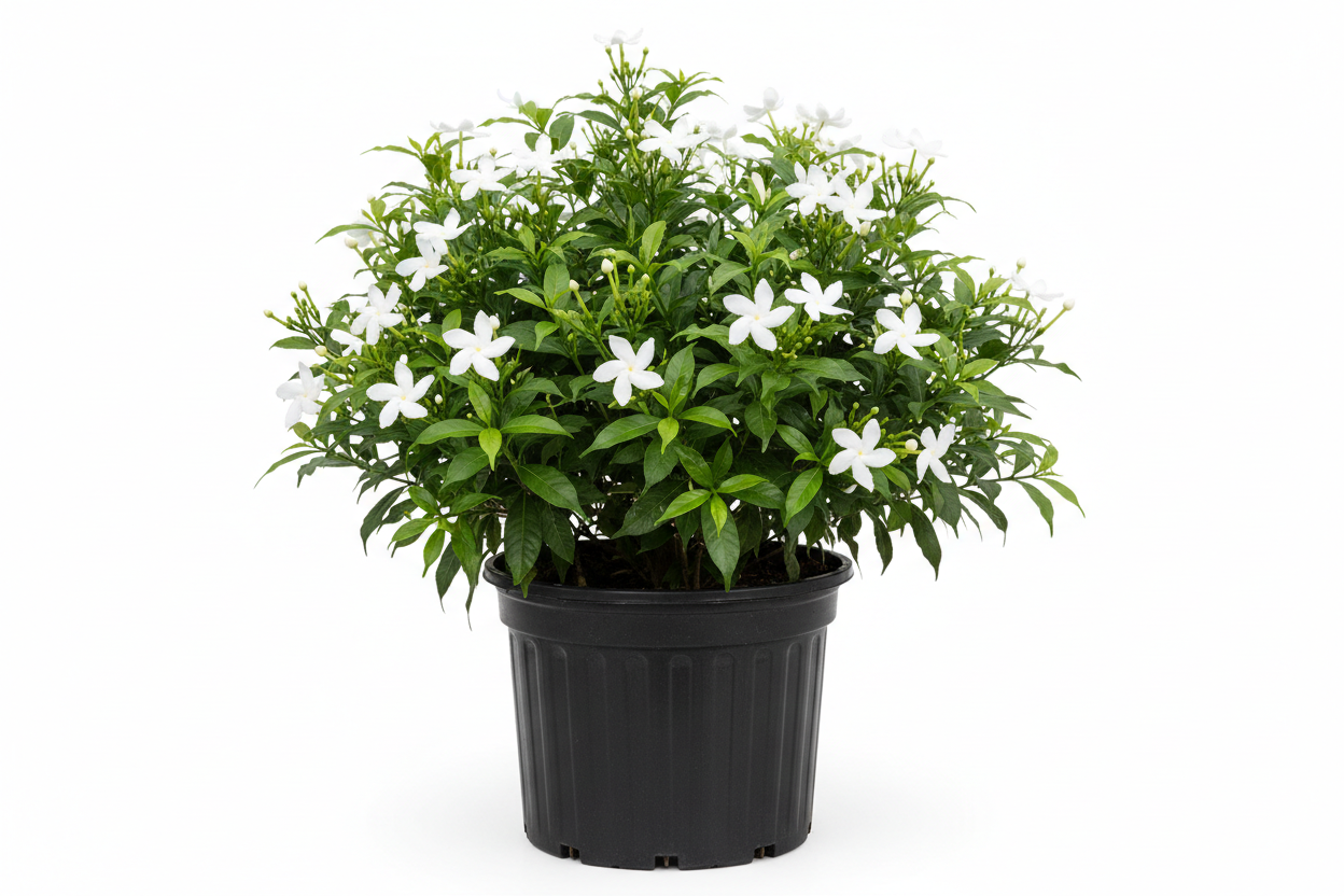 give me an image of a pinwheel jasmine in a 7 gallon container 
