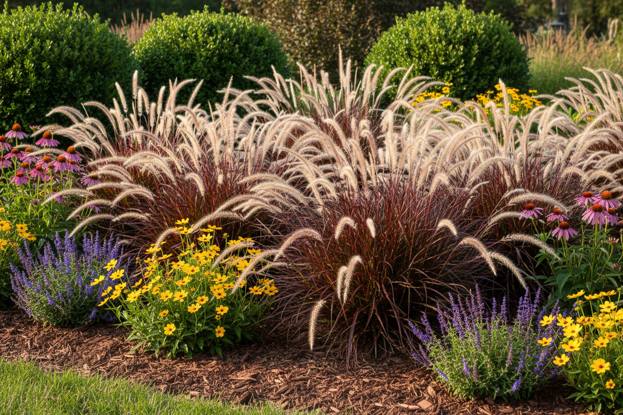 give me an image of red and white fountain grass in a landscaping setting
