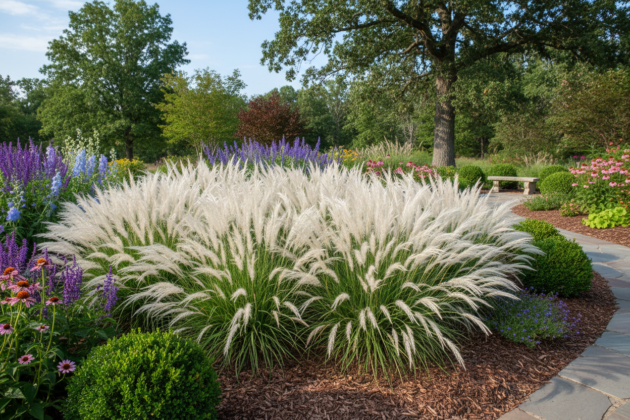give me an image of white fountain grass in a landscaping setting 