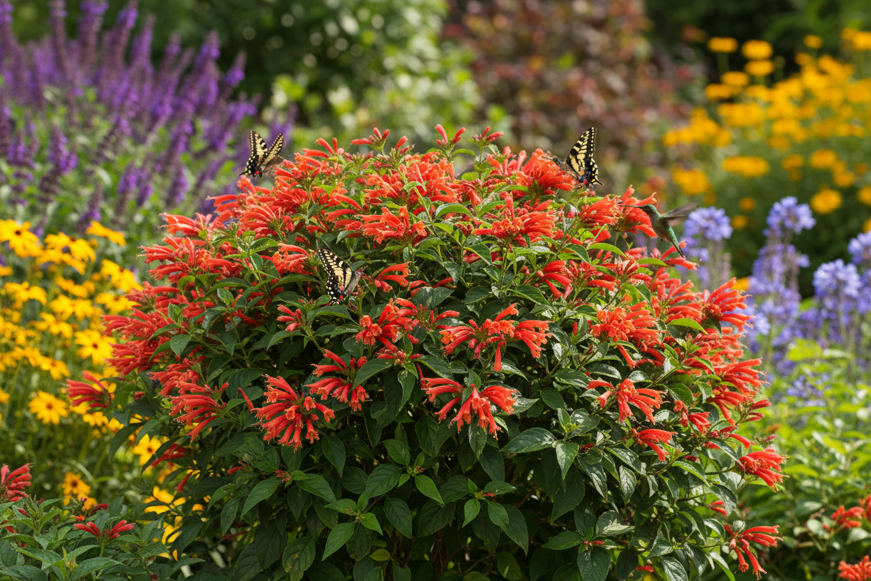 give me Hamelia patens 'Compacta' in a landscaping setting with butterflies and hummingbirds