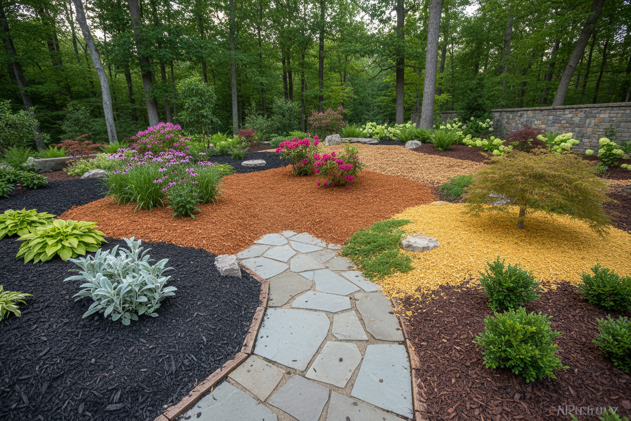 give me mulch in black, coco brown, red, yellow, and natural in a landscaping setting. it can be separated or together 