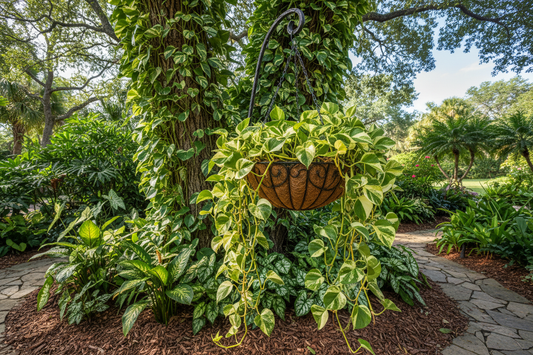 give me pothos varieties in a landscaping setting in a hanging basket and climbing a tree 