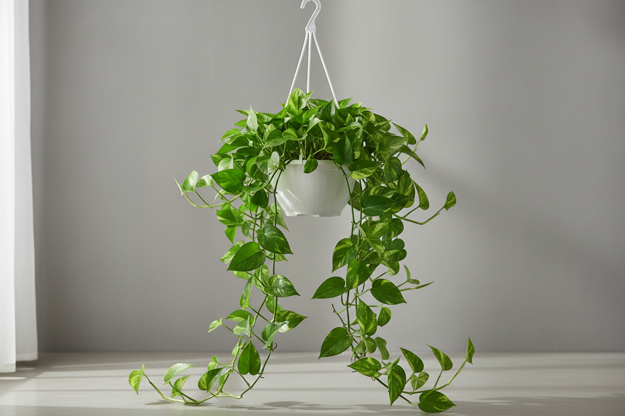 green pothos in plastic hanging basket container 