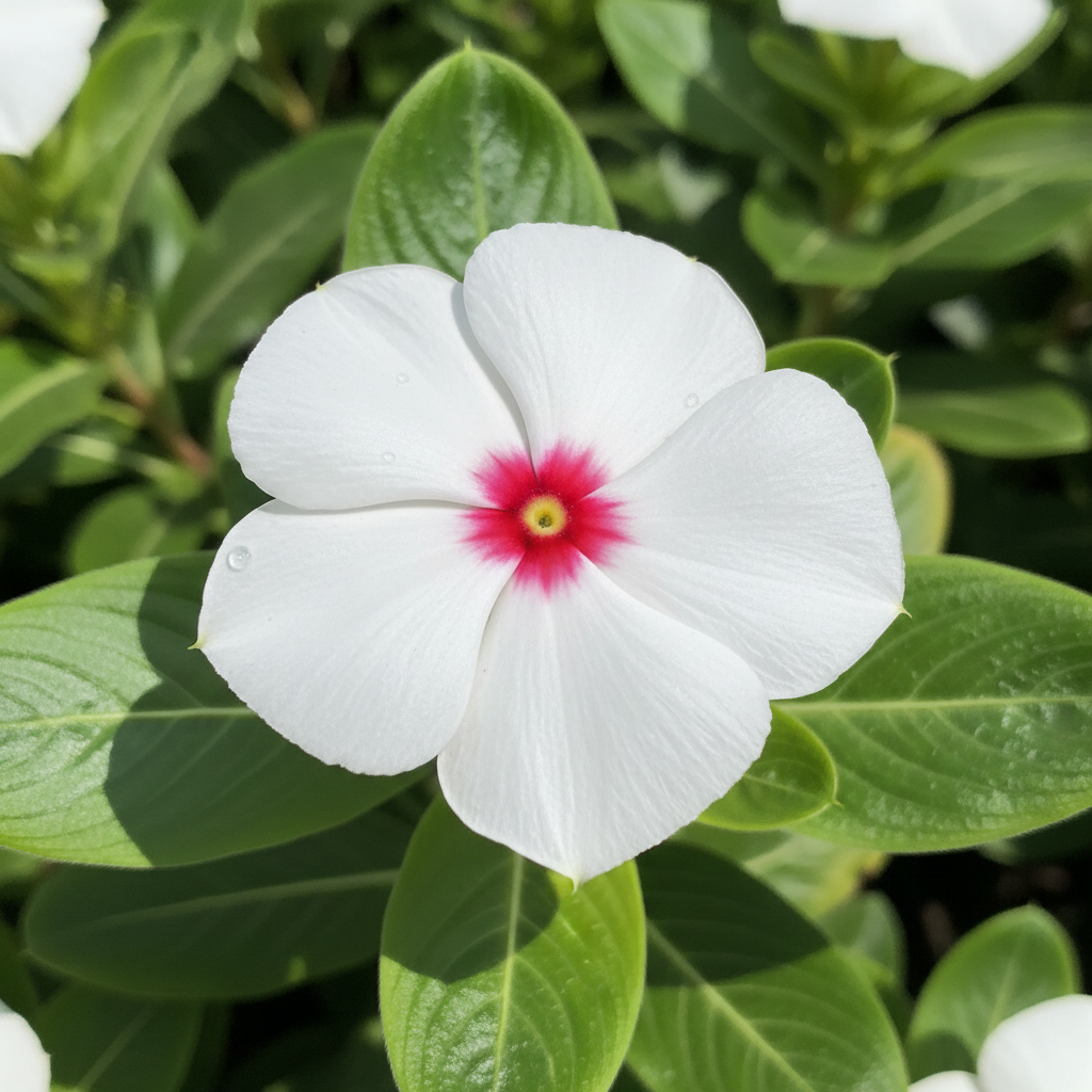 vinca Cora polka dot white with red center 