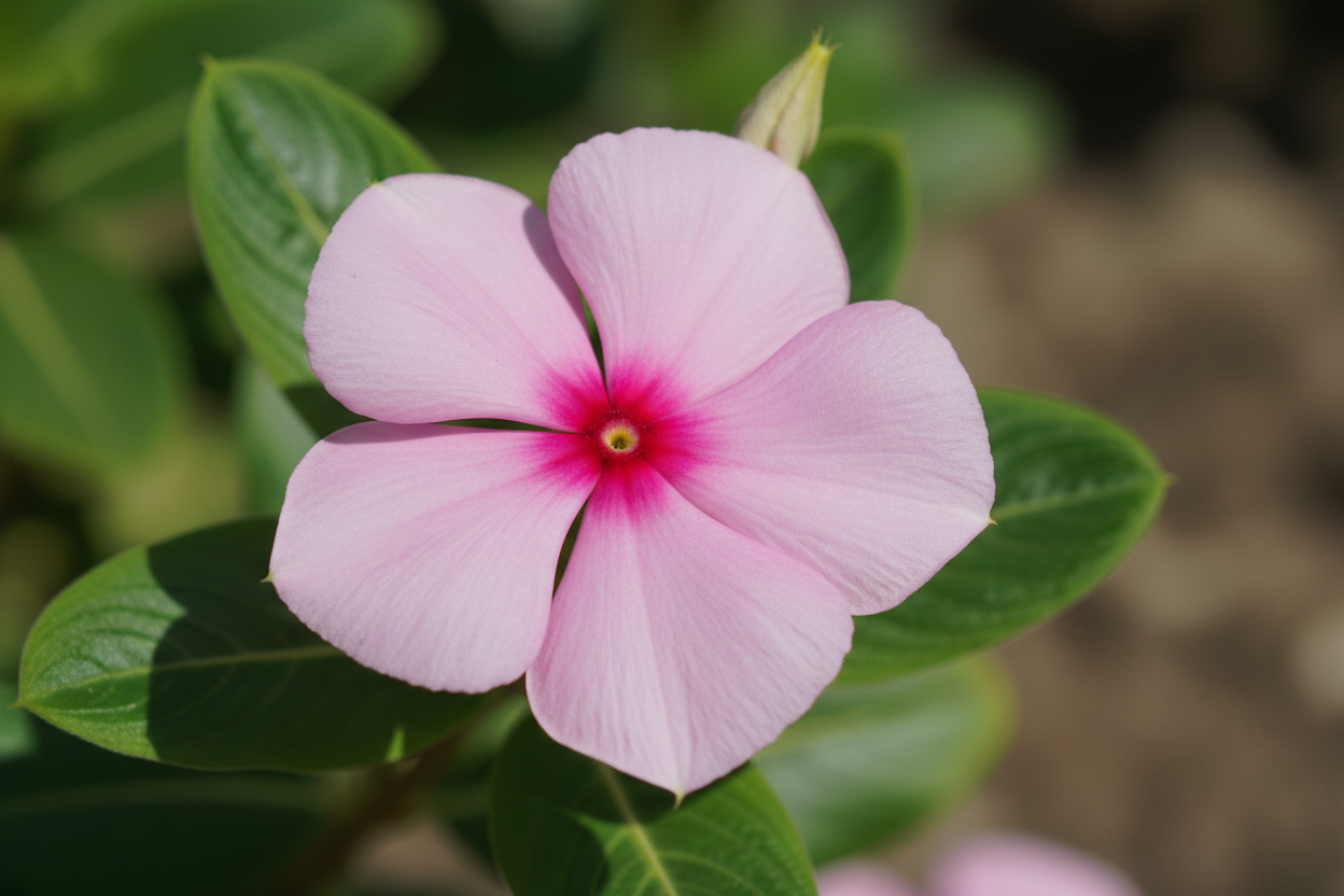 vinca Cora strawberry color with dark pink center 