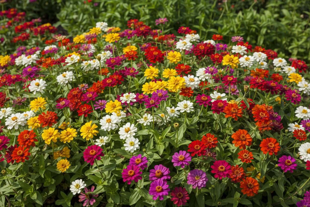 zinnia profusion mix in colors of red white yellow purple orange, 